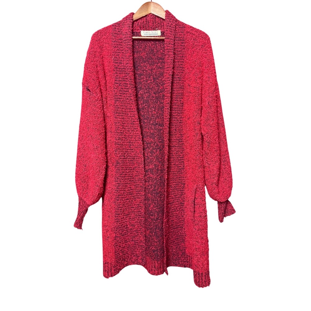 Vintage Karen Scott Longline Cardigan Women Medium Red Boucle Balloon Sleeve